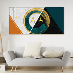 DEKORSTATION Luxury Golden Deer Abstract Circle Canvas Wall Painting Modern Marble Geometric Wall Art Decor For Living Room | Bedroom | Office | Drawing room