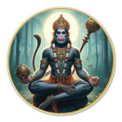 DEKORSTATION Premium Meditating Lord Hanuman Round Wall Art with Sparkle Lamination - Golden Slim Circular Frame Bajrangbali Painting for Living Room & Pooja Room - Finished Surface Spiritual Wall Decor, 12 x 12 Inch