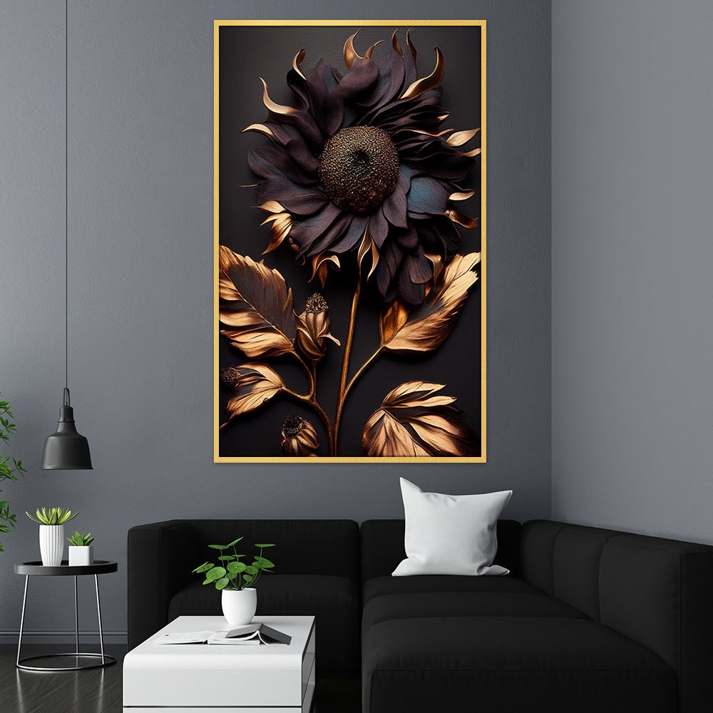 DEKORSTATION Luxury Dark Floral Canvas Wall Painting | Golden Sunflower Abstract Wall Art For Living Room | Bedroom | Office | Drawing room