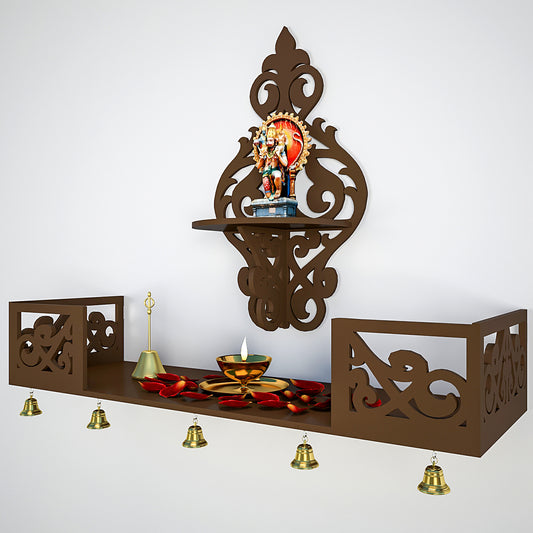 Beautiful Wall Hanging Wooden Temple/ Pooja Mandir Design with Shelf, Brown Color (DS001)