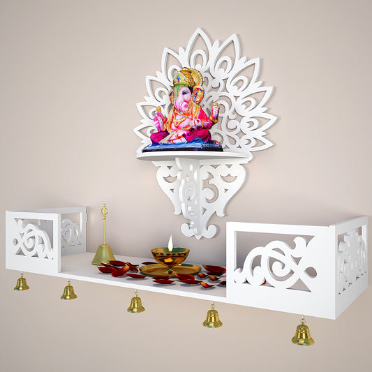 Beautiful Wall Hanging Wooden Temple/ Pooja Mandir Design with Shelf, White Color (DS010)