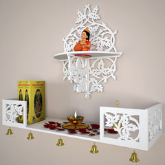 Beautiful Wall Hanging Wooden Temple/ Pooja Mandir Design with Shelf, White Color (DS008)
