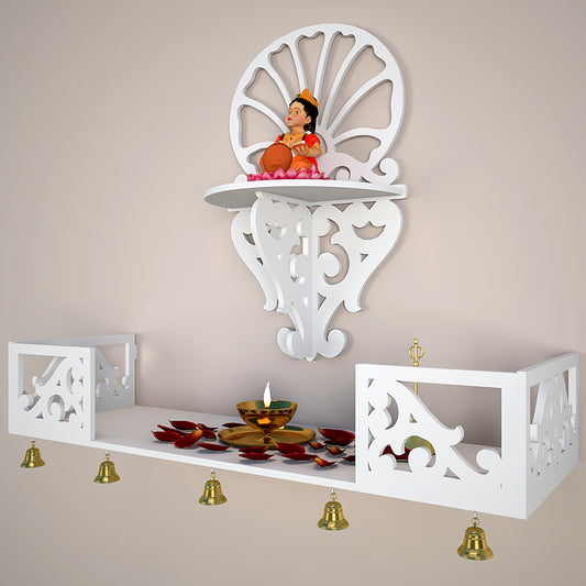 Beautiful Wall Hanging Wooden Temple/ Pooja Mandir Design with Shelf, White Color (DS004)