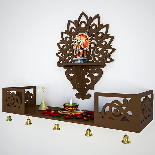 Beautiful Wall Wooden Temple/ Pooja Mandir Design With Shelf, Brown Color