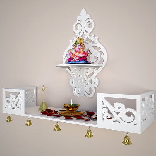 Beautiful Wall Hanging Wooden Temple/ Pooja Mandir Design with Shelf, White Color (DS002)