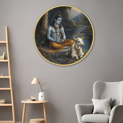 DEKORSTATION Premium Lord Shiva and Nandi Round Wall Art with Sparkle Lamination - Golden Slim Circular Frame Mahadev Painting for Living Room & Pooja Room - Finished Surface Spiritual Wall Decor, 12 x 12 Inch