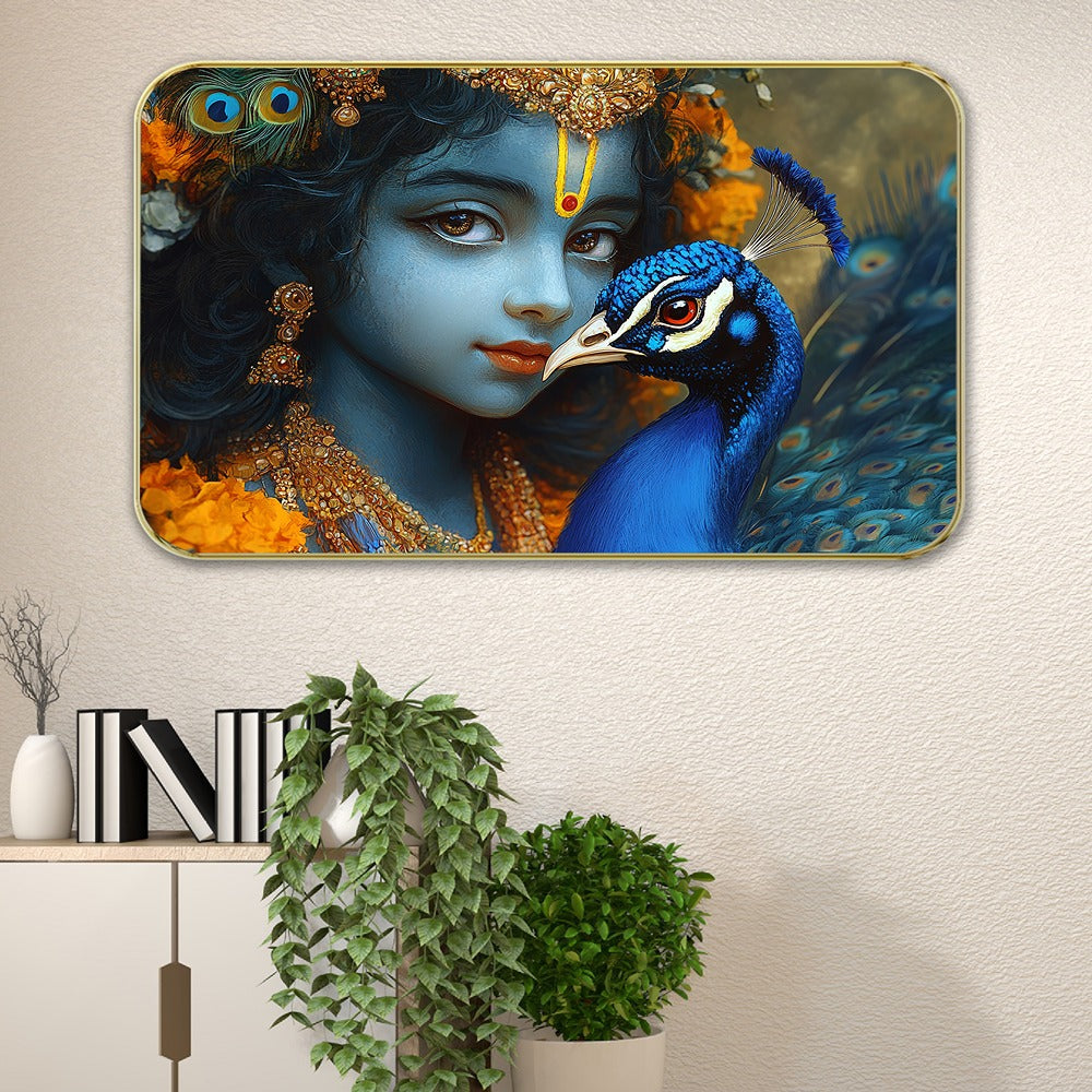 DEKORSTATION Premium Lord Krishna with Peacock Modern Art with Sparkle Lamination - Golden Slim Frame Devotional Painting for Living Room & Office - Finished Surface Spiritual Wall Decor, 11 x 14 Inch