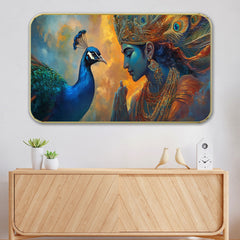 DEKORSTATION Premium Lord Krishna and Peacock Wall Art with Sparkle Lamination - Golden Slim Frame Devotional Painting for Living Room & Office - Finished Surface Spiritual Wall Decor, 11 x 14 Inch