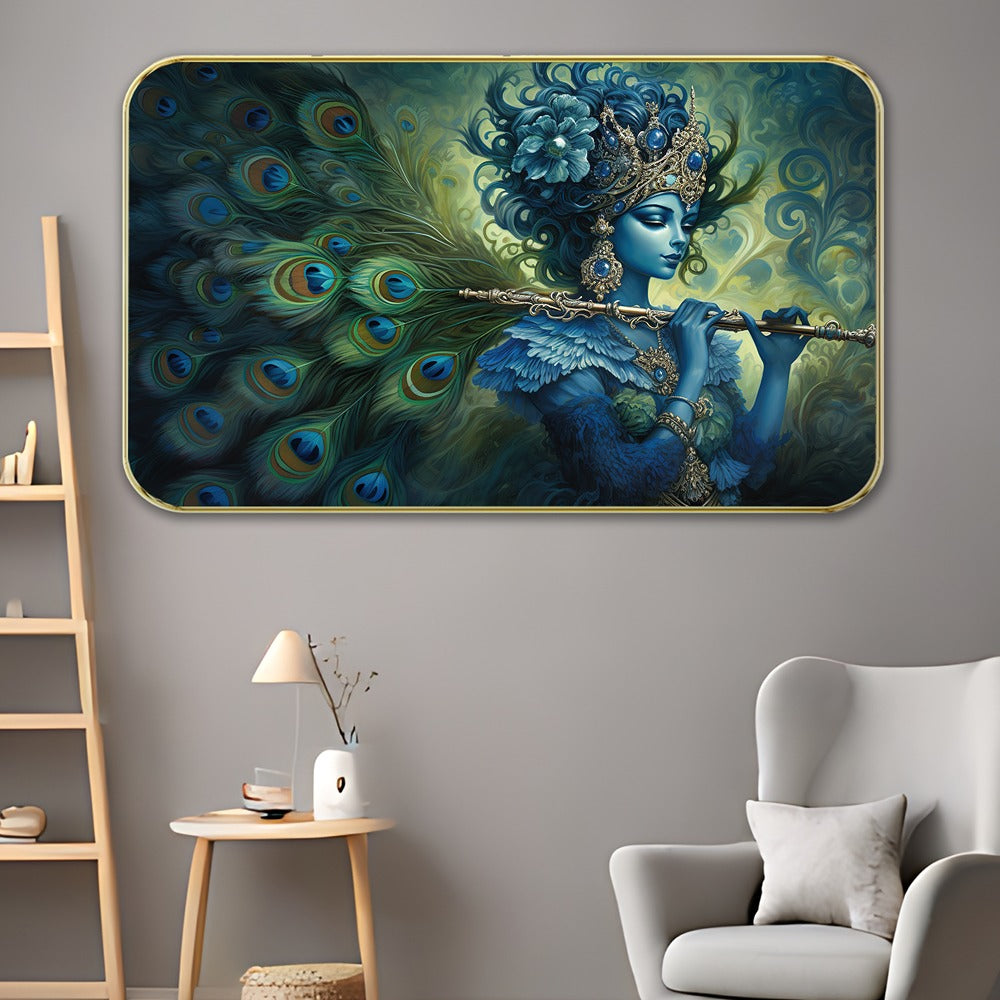 DEKORSTATION Premium Blue Lord Krishna with Peacock Feather Flute Modern Art - Sparkle Laminated Painting with Golden Slim Frame for Living Room & Office - Divine Mural Spiritual Wall Decor, 11 x 14 Inch