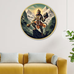 DEKORSTATION Premium Lord Hanuman Carrying Mountain Round Wall Art with Sparkle Lamination - Golden Slim Circular Frame Bajrangbali Painting for Living Room & Pooja Room - Finished Surface Spiritual Wall Decor, 12 x 12 Inch