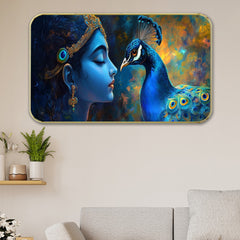 DEKORSTATION Premium Lord Krishna with Peacock Modern Wall Art with Sparkle Lamination - Golden Slim Frame Devotional Painting for Living Room & Bedroom - Finished Surface Spiritual Wall Decor, 11 x 14 Inch