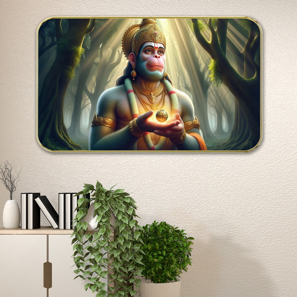 DEKORSTATION Premium Lord Hanuman Ji Devotional Wall Art with Sparkle Lamination - Golden Slim Frame Bajrangbali Painting with Sunbeams & Forest Background - Finished Surface Spiritual Wall Decor, 11 x 14 Inch