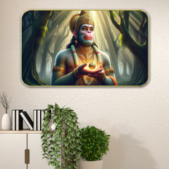 DEKORSTATION Premium Lord Hanuman Ji Devotional Wall Art with Sparkle Lamination - Golden Slim Frame Bajrangbali Painting with Sunbeams & Forest Background - Finished Surface Spiritual Wall Decor, 11 x 14 Inch