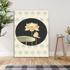 Lotus Flower Canvas Wall Painting Minimalist Botanical Canvas Painting with Palm Background, Modern Floral Artwork for Wall Decoration Elegant Modern Art Stretched Wall Paintings