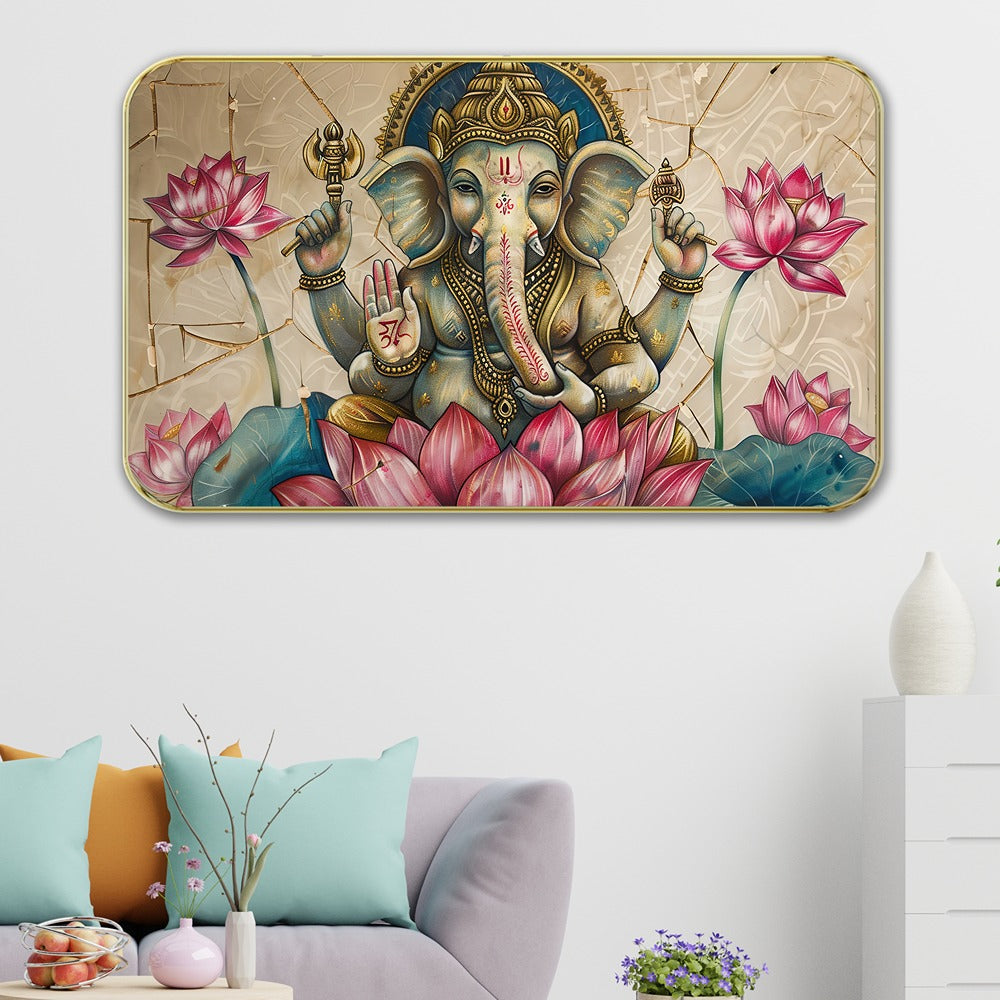 DEKORSTATION Premium Lord Ganesha on Pink Lotus Wall Art with Sparkle Lamination - Golden Slim Frame Ganpati Painting with Marble Texture Background - Finished Surface Spiritual Wall Decor, 11 x 14 Inch
