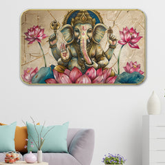 DEKORSTATION Premium Lord Ganesha on Pink Lotus Wall Art with Sparkle Lamination - Golden Slim Frame Ganpati Painting with Marble Texture Background - Finished Surface Spiritual Wall Decor, 11 x 14 Inch