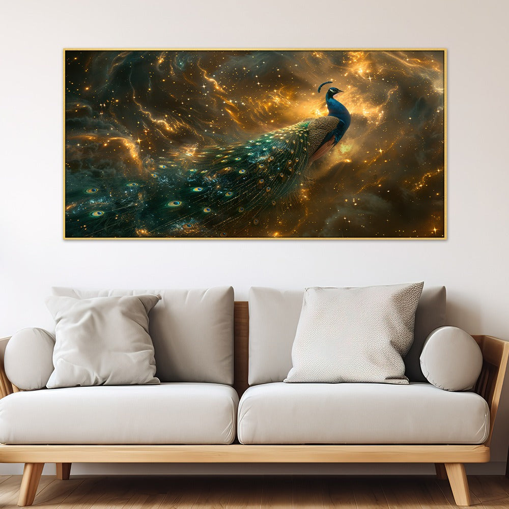 DEKORSTATION-Premium-Galaxy-Peacock-Canvas-Wall-Painting-|-Vastu-Painting-Cosmic-Blue-&-Gold-Bird-Art-with-Starry-Abstract-Background-for-Living-Room,-Bedroom-&-Home-Decor
