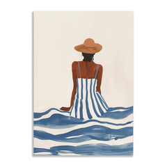 Canvas Painting Ocean Breeze Stylish Woman in Sun Hat on sea ??wave Canvas Art for Wall Decoration Elegant Little Girl Moder Art Stretched Wall Paintings