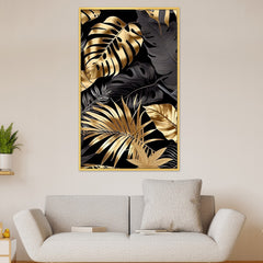 DEKORSTATION Luxury Black & Gold Tropical Leaves Canvas Wall Painting For Living Room | Bedroom | Office | Drawing room