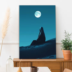 Canvas Painting Lady sitting on desert Silent Night Veiled Figure Lady Under the Full Moon Desert for Wall Decoration Elegant Stretched Wall Paintings