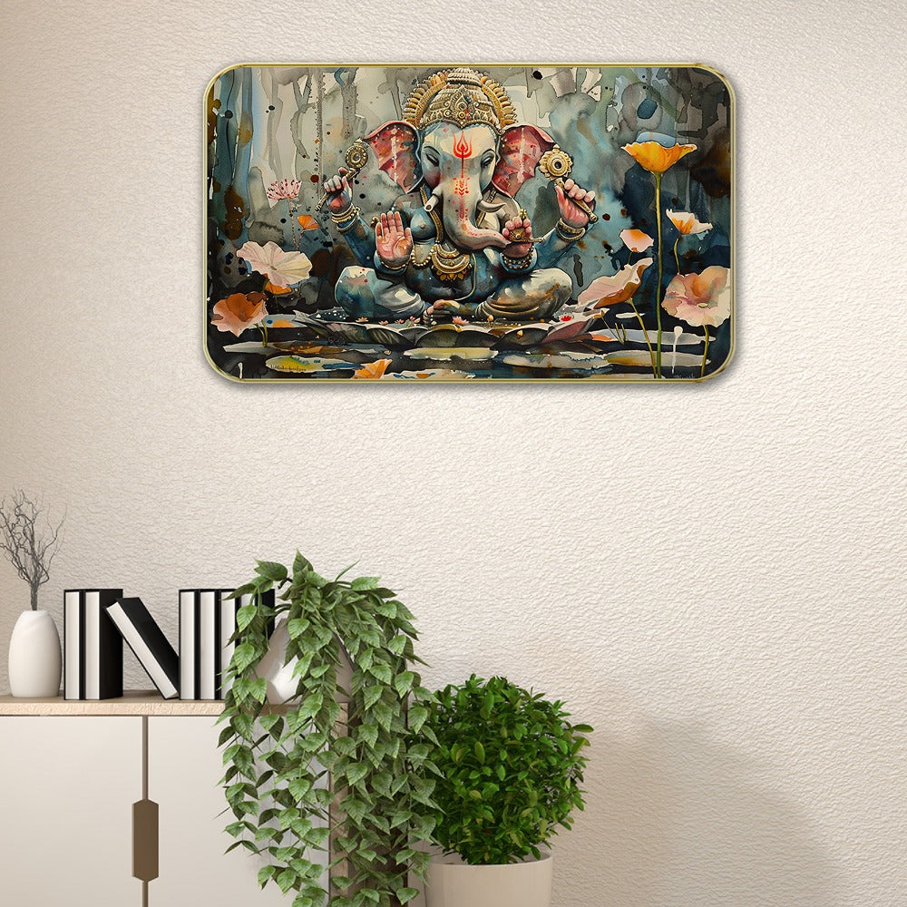 DEKORSTATION Premium Lord Ganesha Modern Art Wall Painting with Sparkle Lamination | Golden Slim Frame | Finished Surface | 11 x 14 Inch | Home, Office & Hotel Decor