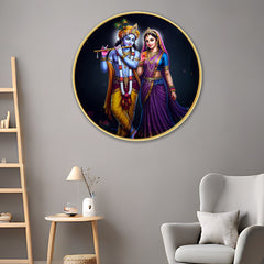 DEKORSTATION Premium Radha Krishna Playing Flute Round Wall Art with Sparkle Lamination - Golden Slim Circular Frame Devotional Painting for Living Room & Pooja Room - Finished Surface Spiritual Wall Decor, 12 x 12 Inch