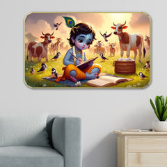 DEKORSTATION Adorable Baby Krishna Artwork with Cows Sparkle lamination for a vibrant, glossy finish that catches the eye Elegant golden slim frame adds a touch of luxury and refinement 11 x 14 Inch | Home, Office & Hotel Decor