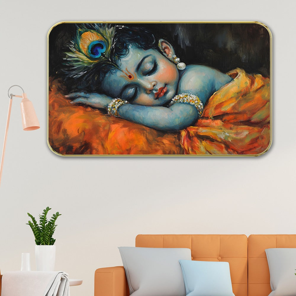 DEKORSTATION Premium Modern Baby Krishna Wall Painting with Sparkle Lamination | Golden Slim Frame | 11 x 14 Inch Religious Wall Art for Home, Office & Hotel Decor