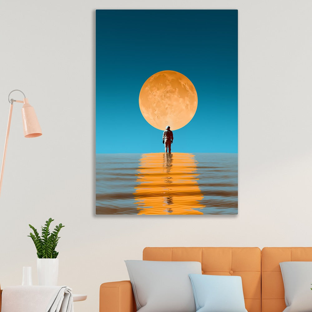 Man walk On River Canvas Painting With with Golden Moon Reflection Wall Art for Wall Decoration Elegant Roman Warrior Moder Art Stretched Wall Paintings