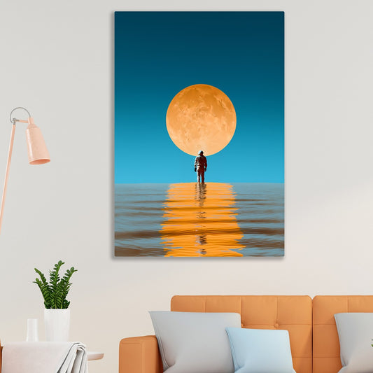 Man walk On River Canvas Painting With with Golden Moon Reflection Wall Art for Wall Decoration Elegant Roman Warrior Moder Art Stretched Wall Paintings