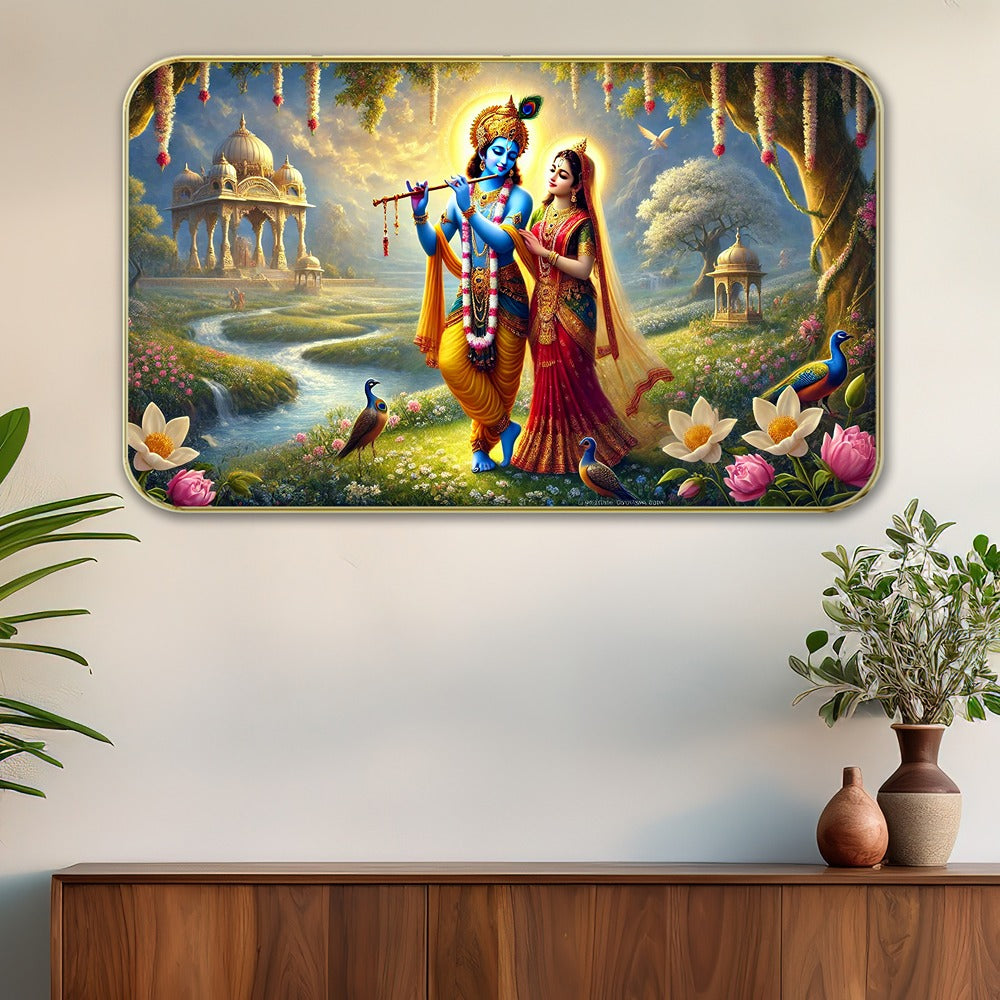 DEKORSTATION Premium Radha Krishna in Vrindavan Garden Wall Art with Sparkle Lamination - Golden Slim Frame Devotional Painting with Lotus & Peacocks for Living Room - Finished Surface Spiritual Wall Decor, 11 x 14 Inch