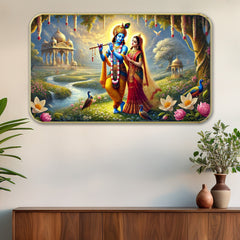 DEKORSTATION Premium Radha Krishna in Vrindavan Garden Wall Art with Sparkle Lamination - Golden Slim Frame Devotional Painting with Lotus & Peacocks for Living Room - Finished Surface Spiritual Wall Decor, 11 x 14 Inch