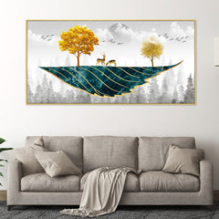 DEKORSTATION Abstract Nature Canvas Wall Painting with Deer Trees Birds Gold Teal Canvas Painting Home Decoration for Living Room | Bedroom | Office | Drawing room
