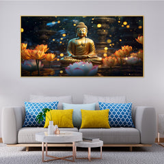 DEKORSTATION Vastu Golden Buddha Canvas Wall Painting for Peace, Positivity & Prosperity | Spiritual Wall Art For Living Room | Bedroom | Office | Drawing room