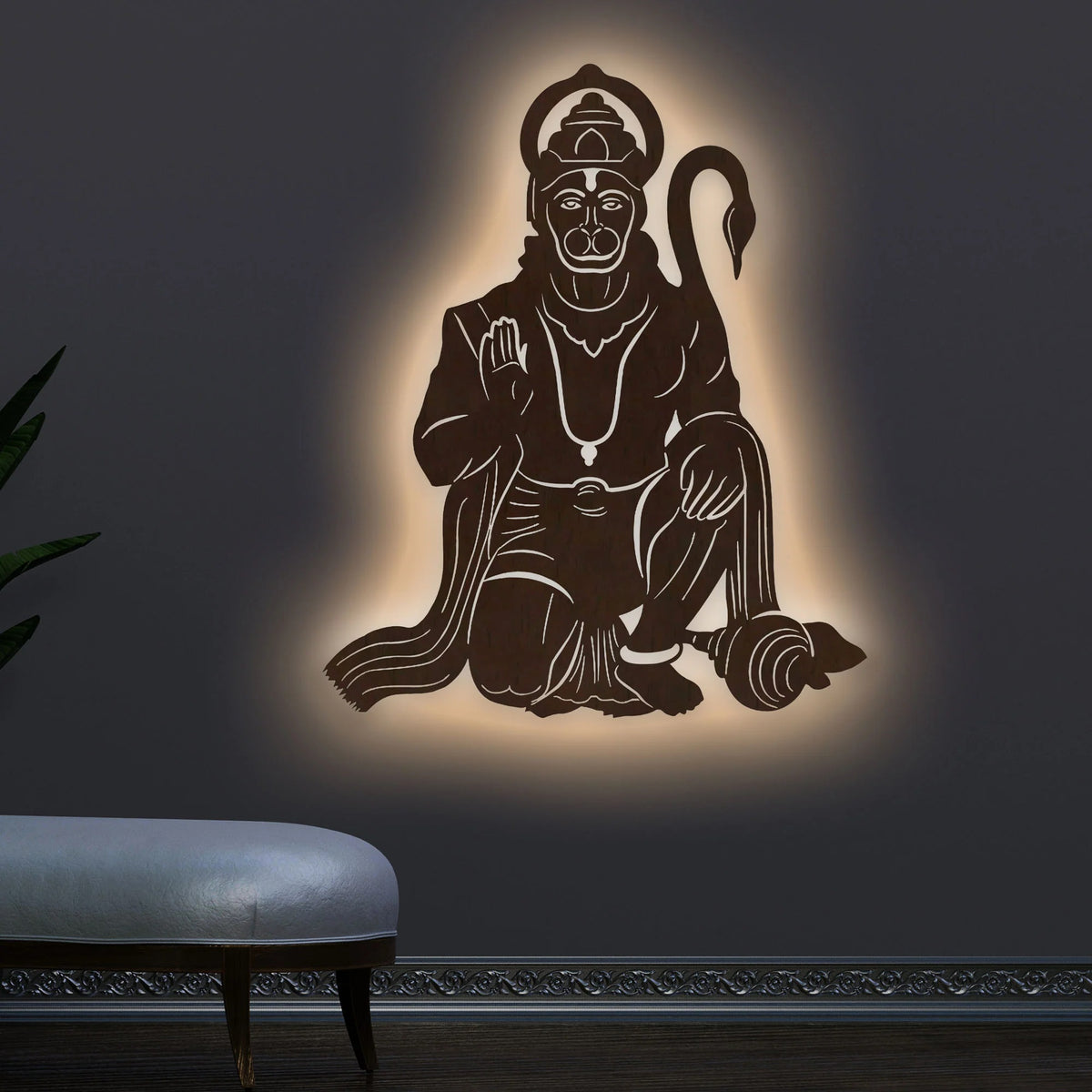 Lord Hanuman Laser Cut Wooden Brown Decorative LED Backlit For Home Office and Poojaghar Mandir Decoration