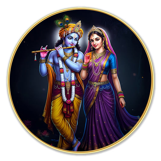 DEKORSTATION Premium Radha Krishna Playing Flute Round Wall Art with Sparkle Lamination - Golden Slim Circular Frame Devotional Painting for Living Room & Pooja Room - Finished Surface Spiritual Wall Decor, 12 x 12 Inch