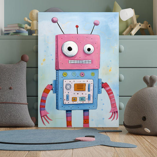 Pink Robot Canvas Wall Painting Colorful Cartoon Tech Inspired Canvas painting for Kids' Room or Playroom for Wall Decoration Elegant Kids Art Stretched Wall Paintings