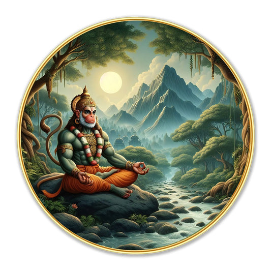 DEKORSTATION Premium Meditating Lord Hanuman Round Wall Art with Sparkle Lamination - Golden Slim Circular Frame Bajrangbali Painting for Living Room & Pooja Room - Finished Surface Devotional Decor, 12 x 12 Inch