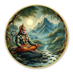 DEKORSTATION Premium Meditating Lord Hanuman Round Wall Art with Sparkle Lamination - Golden Slim Circular Frame Bajrangbali Painting for Living Room & Pooja Room - Finished Surface Devotional Decor, 12 x 12 Inch