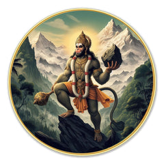 DEKORSTATION Premium Lord Hanuman Carrying Mountain Round Wall Art with Sparkle Lamination - Golden Slim Circular Frame Bajrangbali Painting for Living Room & Pooja Room - Finished Surface Spiritual Wall Decor, 12 x 12 Inch