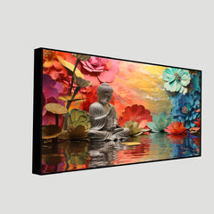 Meditating buddha statue sitting on lake with multicolor flower canvas painting