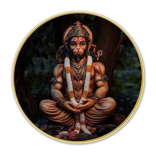 DEKORSTATION Premium Lord Hanuman Round Wall Art with Sparkle Lamination - Golden Slim Circular Frame Bajrangbali Painting for Living Room & Pooja Room - Finished Surface Spiritual Wall Decor, 12 x 12 Inch