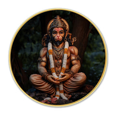 DEKORSTATION Premium Lord Hanuman Round Wall Art with Sparkle Lamination - Golden Slim Circular Frame Bajrangbali Painting for Living Room & Pooja Room - Finished Surface Spiritual Wall Decor, 12 x 12 Inch