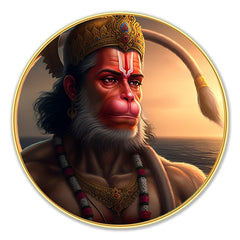 DEKORSTATION Premium Lord Hanuman Portrait Round Wall Art with Sparkle Lamination - Golden Slim Circular Frame Bajrangbali Painting for Living Room & Pooja Room - Finished Surface Devotional Decor, 12 x 12 Inch