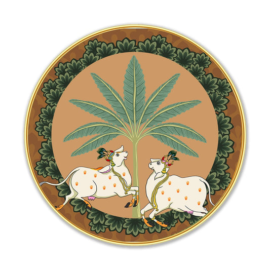 DEKORSTATION Couple Cow Pichwai Wall Painting | Premium Modern Art with Sparkle Lamination | Golden Slim Frame | Finished Surface | 12 x 12 Inch | Home, Office & Hotel Decor