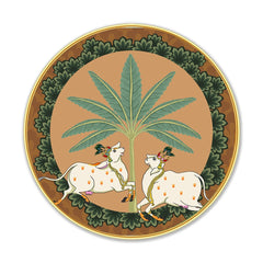 DEKORSTATION Couple Cow Pichwai Wall Painting | Premium Modern Art with Sparkle Lamination | Golden Slim Frame | Finished Surface | 12 x 12 Inch | Home, Office & Hotel Decor