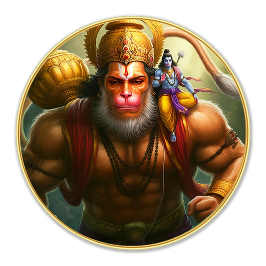 DEKORSTATION Premium Lord Hanuman Carrying Lord Rama Round Wall Art with Sparkle Lamination - Golden Slim Circular Frame Bajrangbali Painting for Living Room & Pooja Room - Finished Surface Spiritual Wall Decor, 12 x 12 Inch