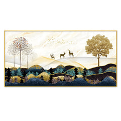 DEKORSTATION Vastu Deer Landscape Canvas Painting for Peace & Prosperity | Golden Mountain Forest Canvas Wall Art for Living Room | Bedroom | Office | Drawing room