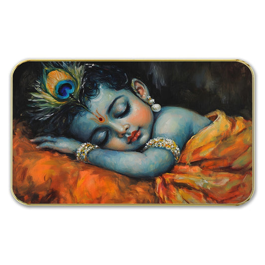 DEKORSTATION Premium Modern Baby Krishna Wall Painting with Sparkle Lamination | Golden Slim Frame | 11 x 14 Inch Religious Wall Art for Home, Office & Hotel Decor