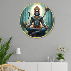 DEKORSTATION Premium Meditating Lord Hanuman Round Wall Art with Sparkle Lamination - Golden Slim Circular Frame Bajrangbali Painting for Living Room & Pooja Room - Finished Surface Spiritual Wall Decor, 12 x 12 Inch